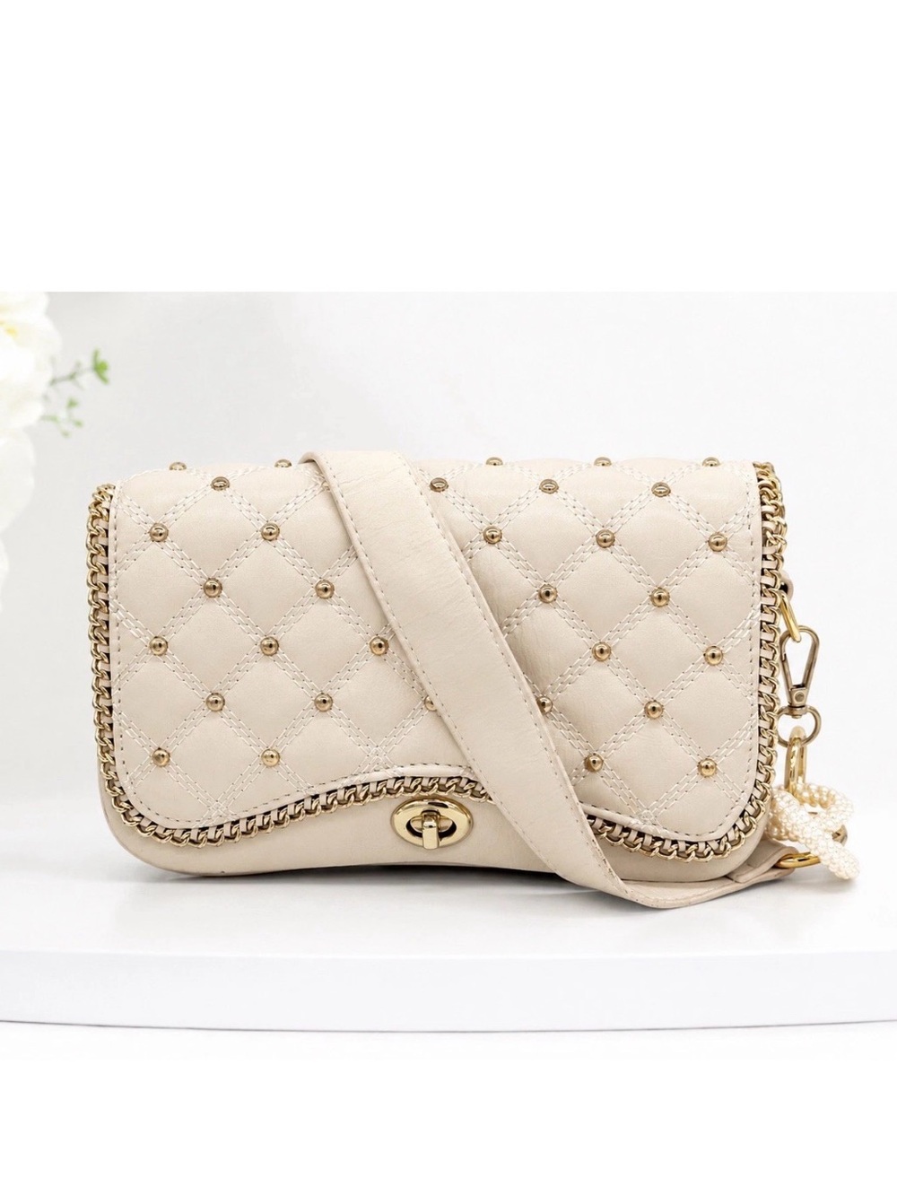 Cream Quilted Studded Crossbody Shoulder Bag Pearl Handle Gold Tone Hardware